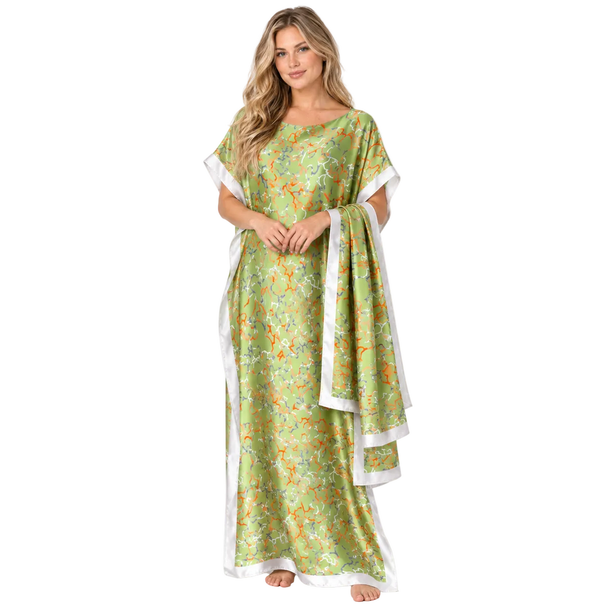 Light Green Printed Silk Satin Kaftan-1