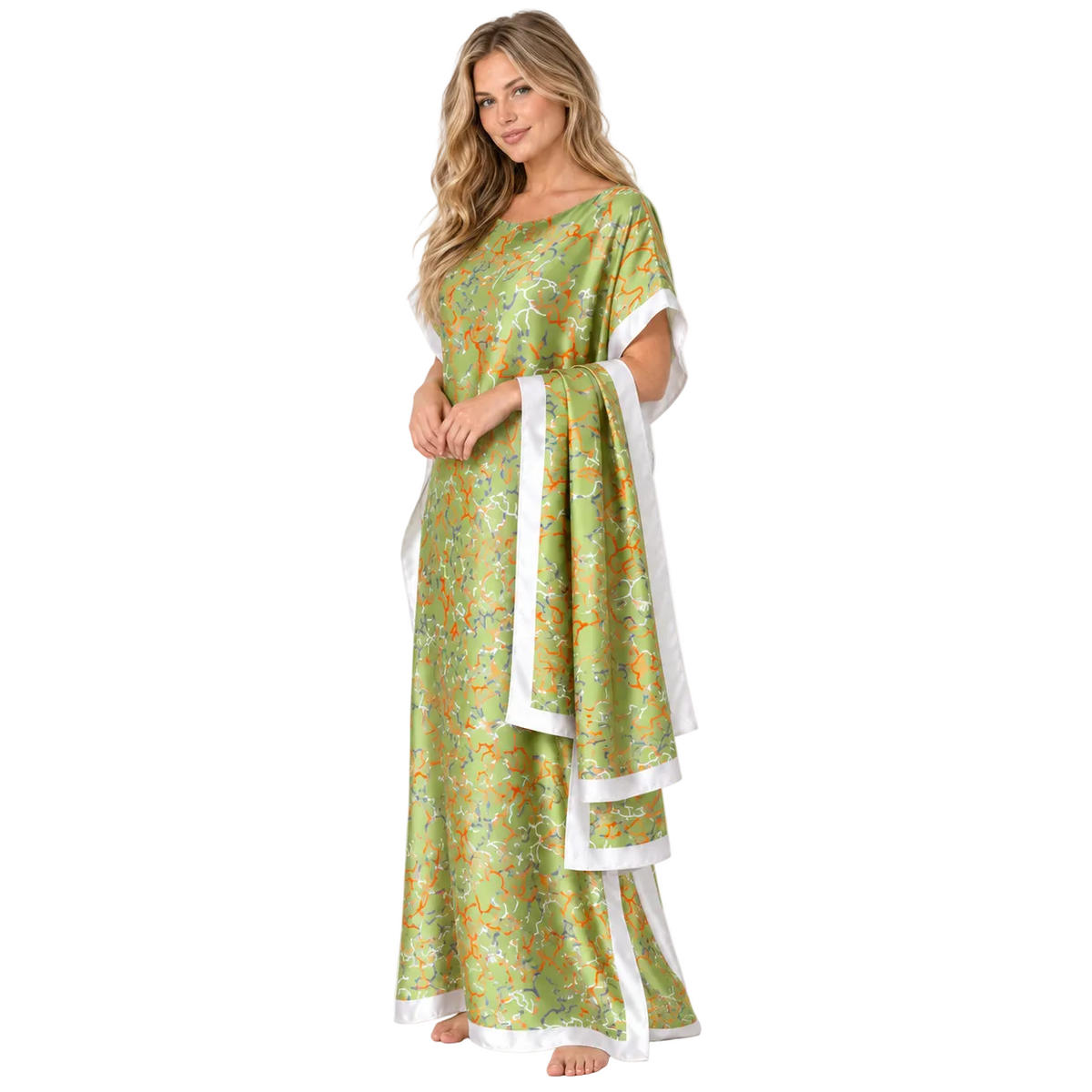 Light Green Printed Silk Satin Kaftan-2