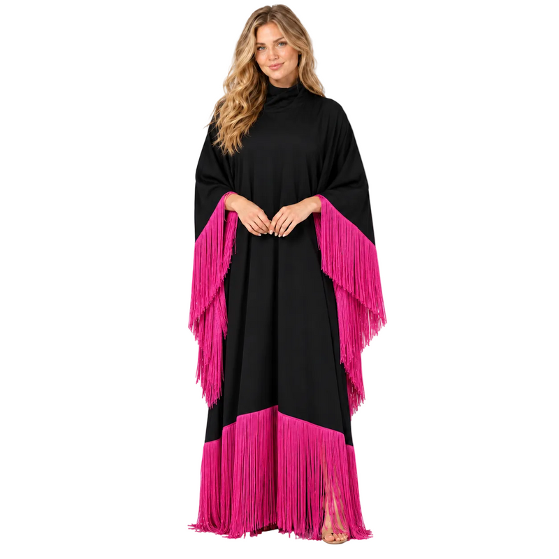 Elegant Black Kaftan With Pink Fringe-1