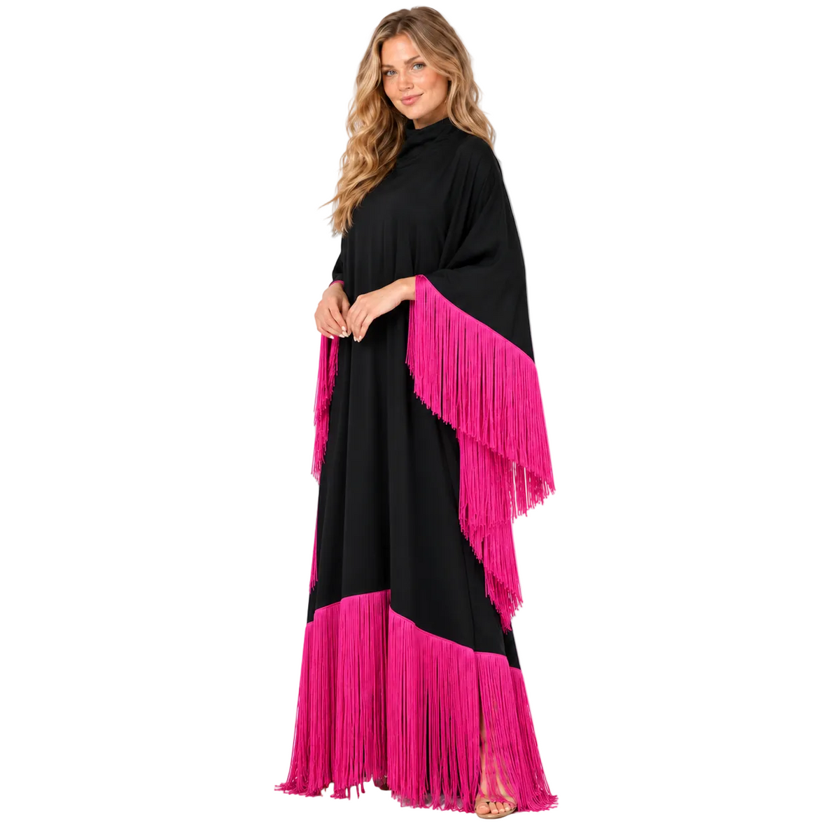 Elegant Black Kaftan With Pink Fringe-2