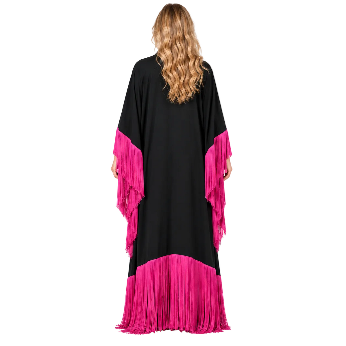 Elegant Black Kaftan With Pink Fringe-4