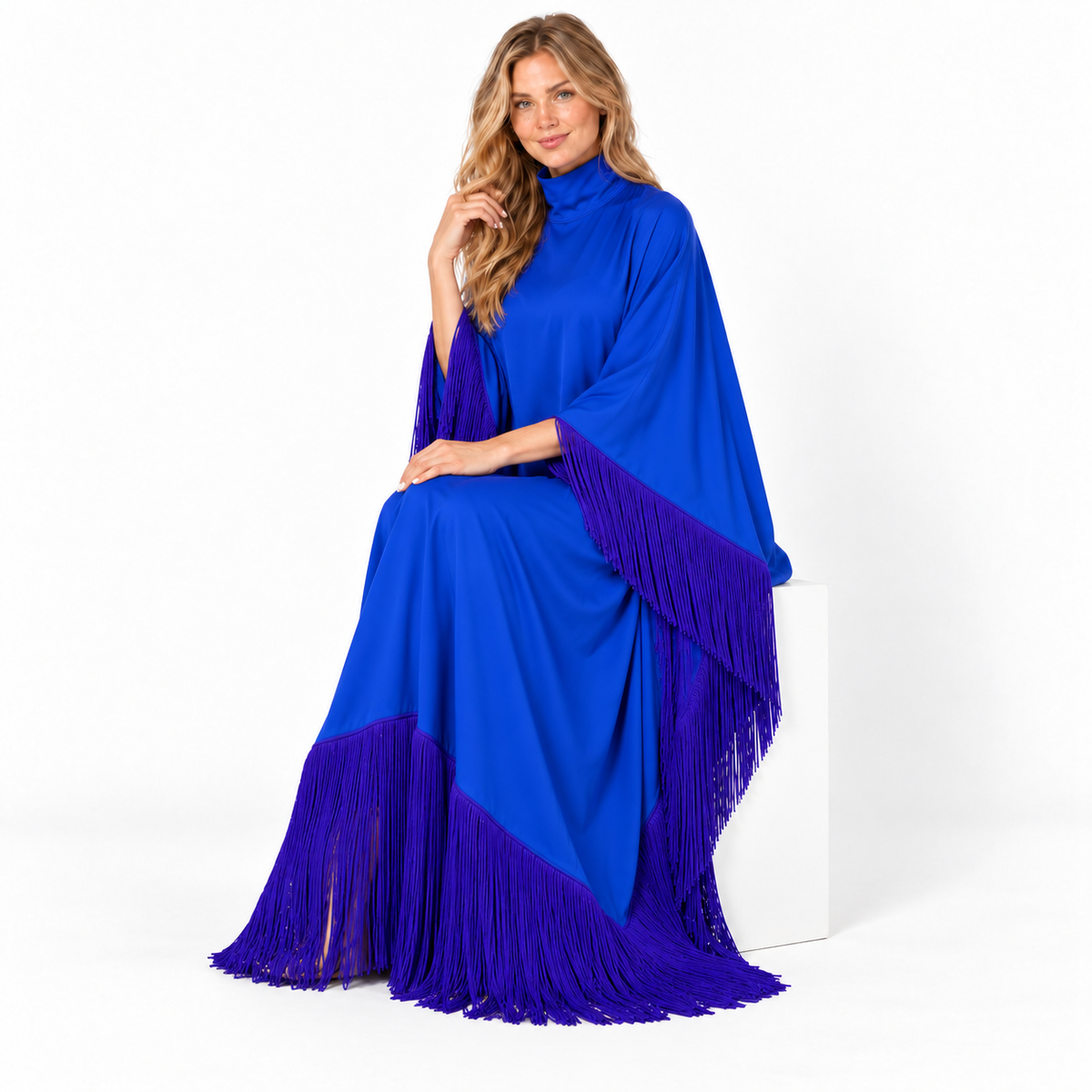 Royal Blue Elegant Fringe Detail Kaftan-3
