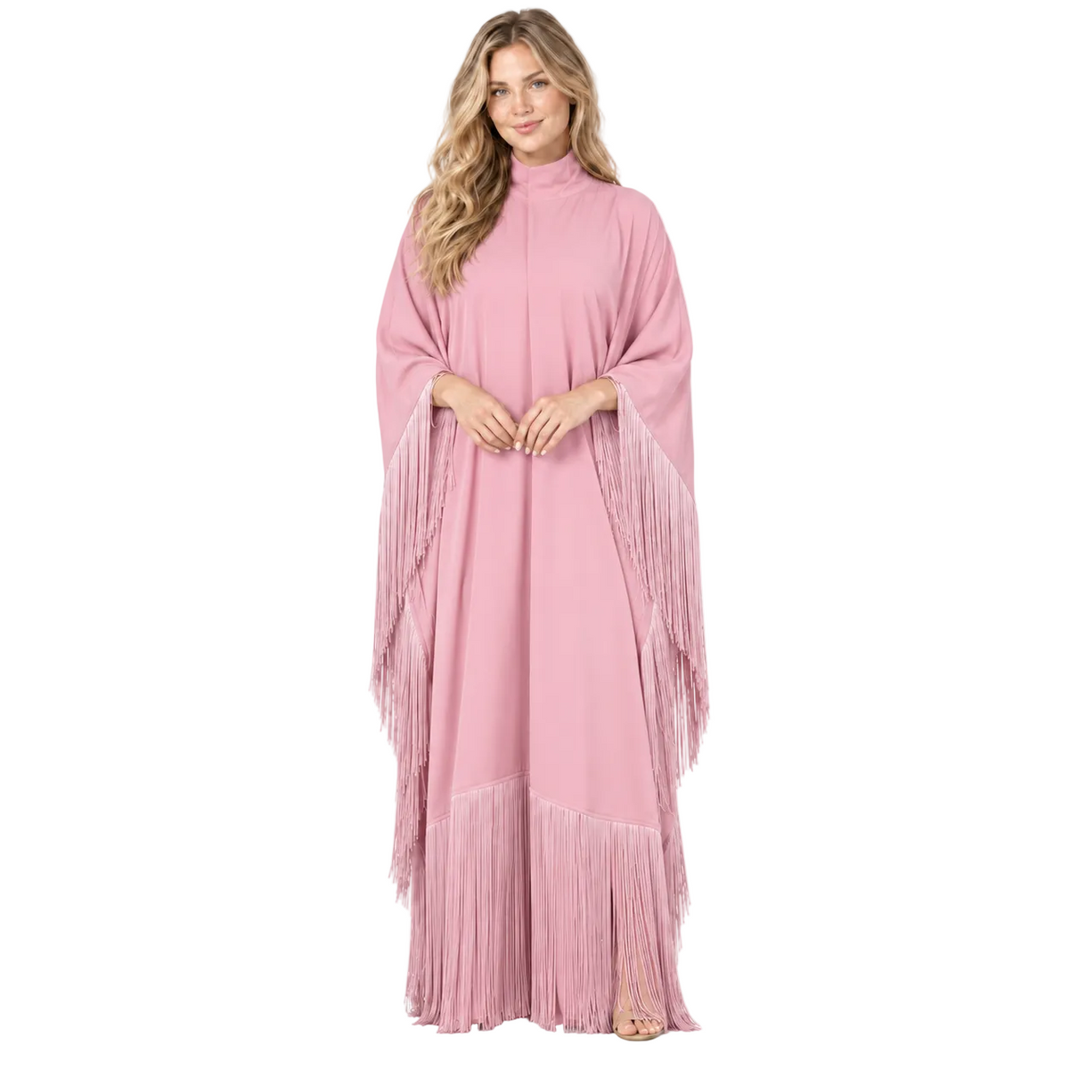 Elegant Blush Pink Fringe Detail Kaftan-1