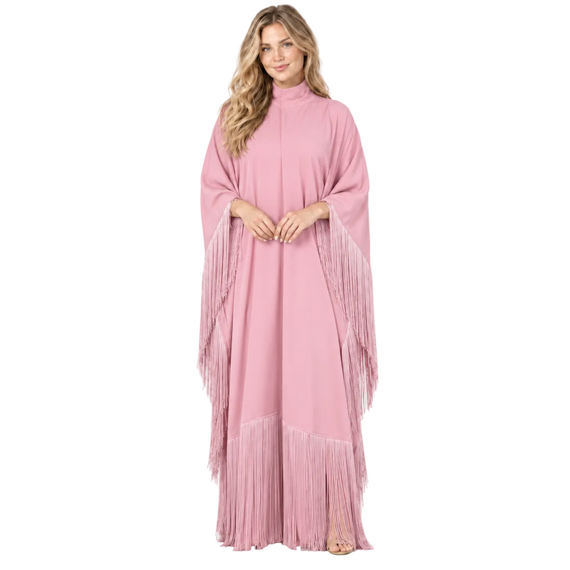 Elegant Blush Pink Fringe Detail Kaftan-1