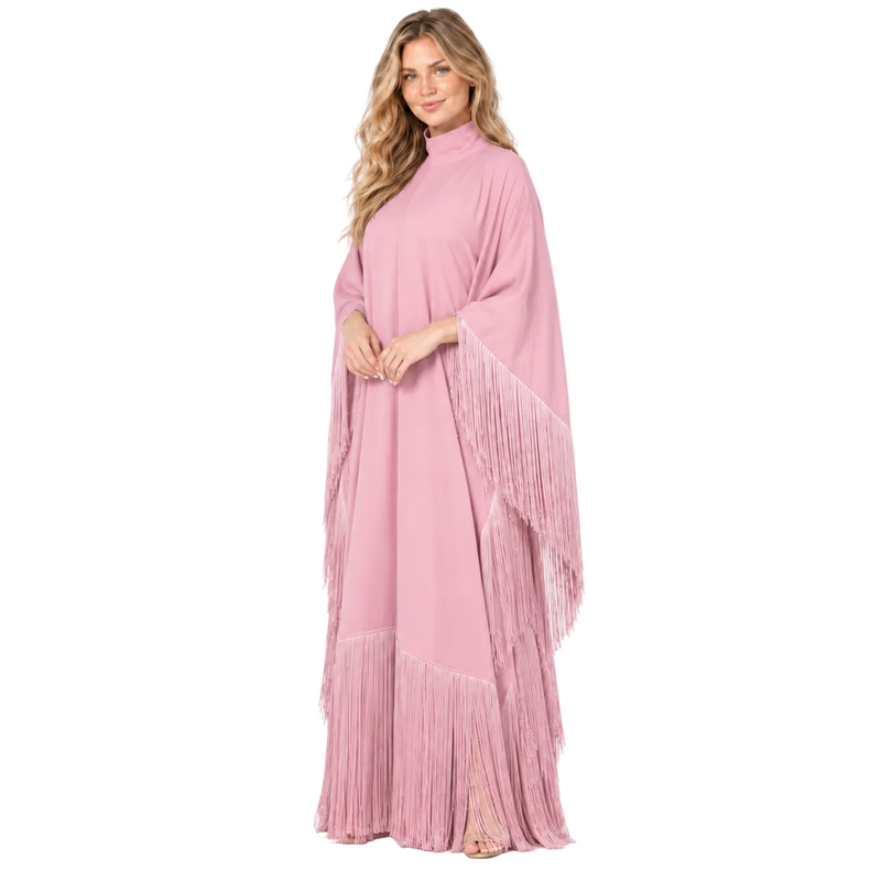 Elegant Blush Pink Fringe Detail Kaftan-2
