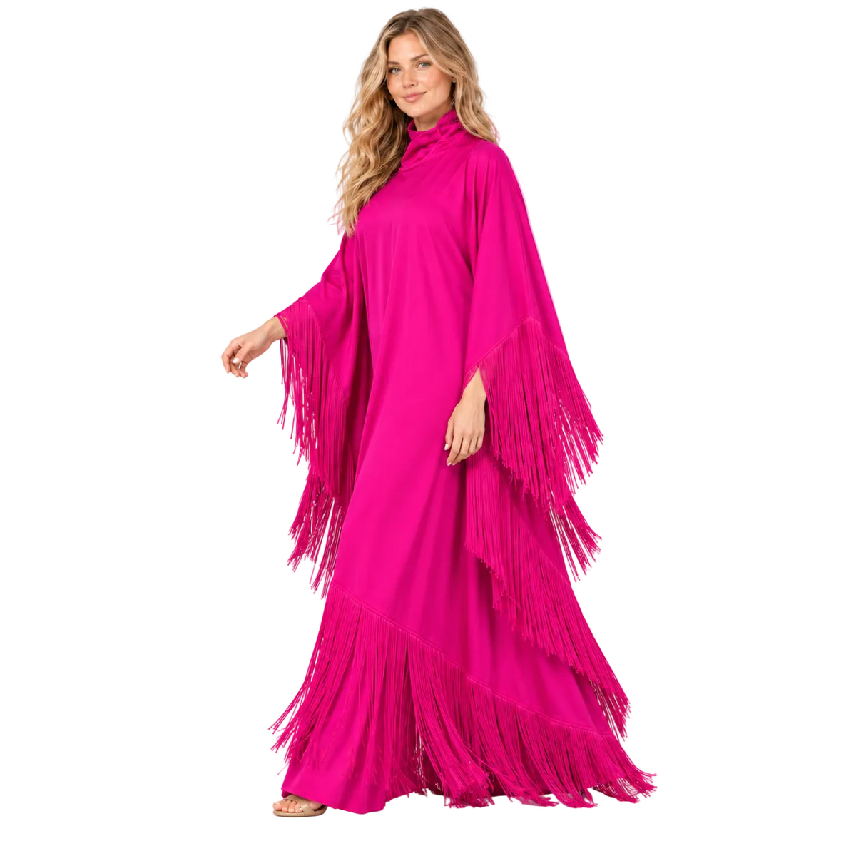 Elegant Rose Pink Fringe Detail Kaftan-2