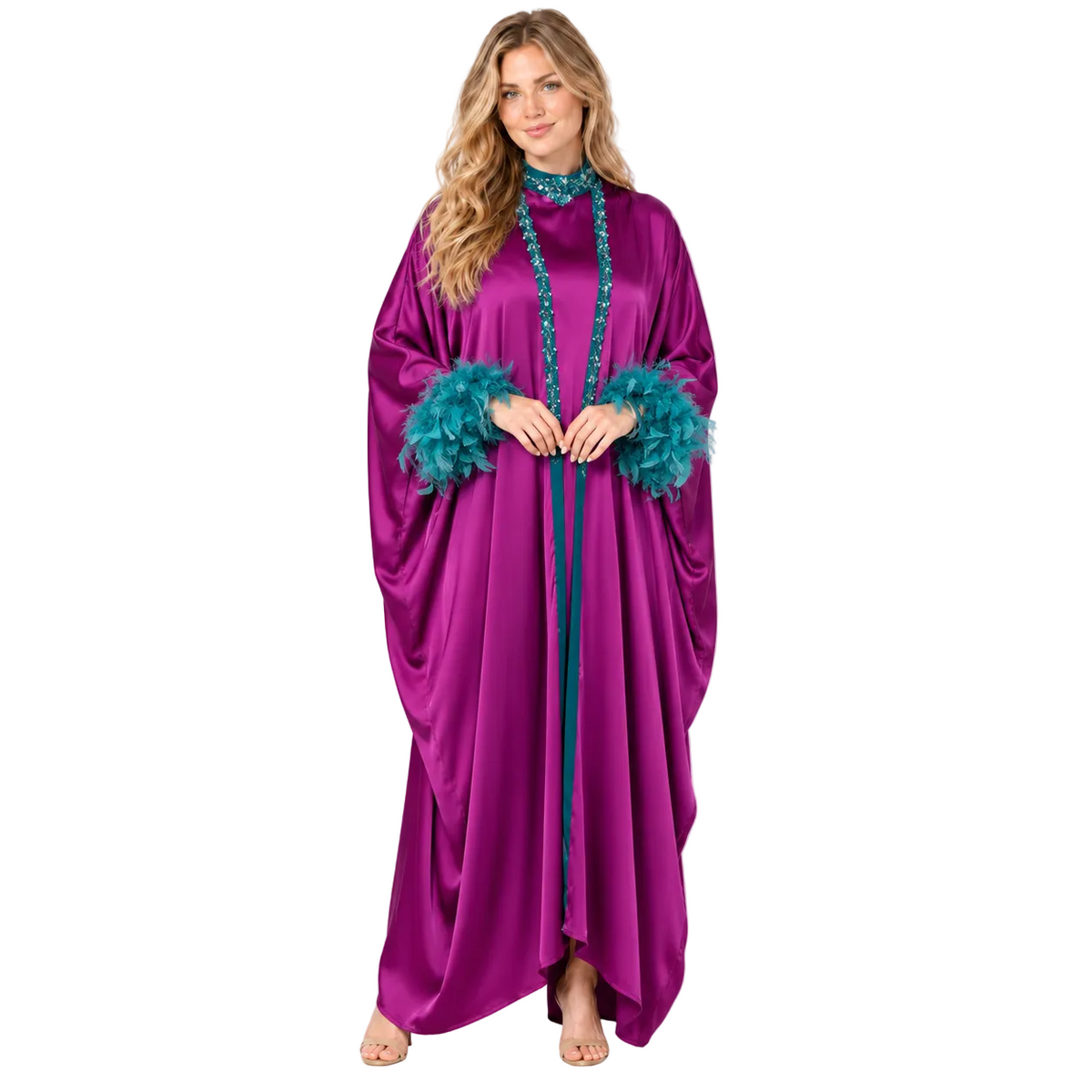Elegant Purple Satin Teal Feather Kaftan-1