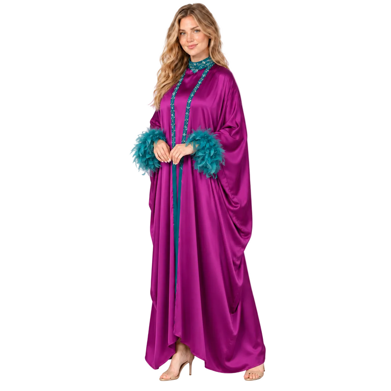 Elegant Purple Satin Teal Feather Kaftan-2