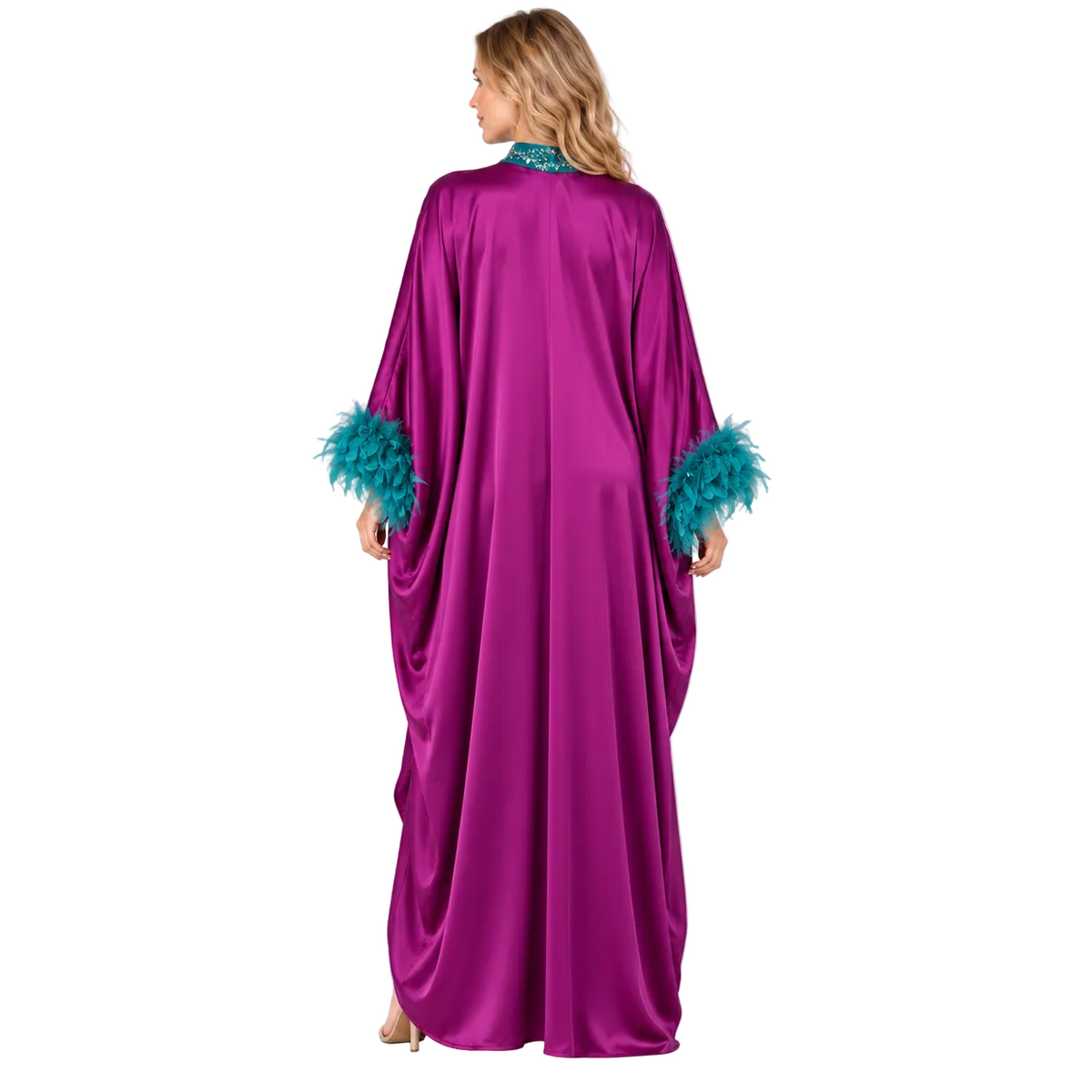 Elegant Purple Satin Teal Feather Kaftan-4