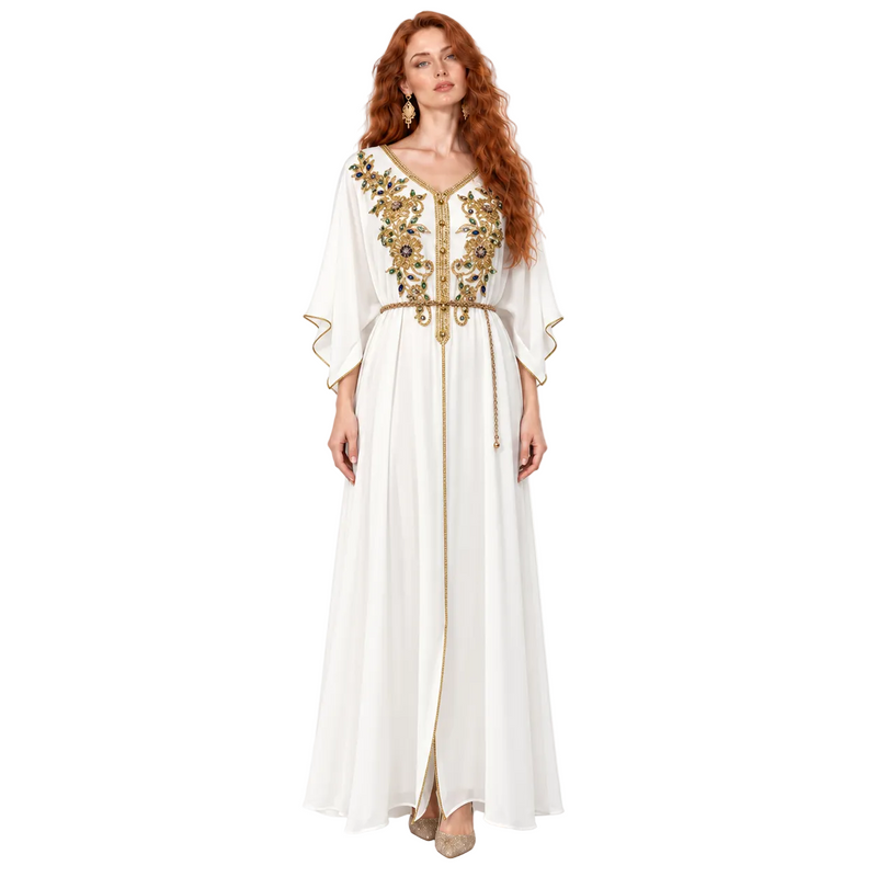 White Gold Embroidered Elegant Lebaran Kaftan-1