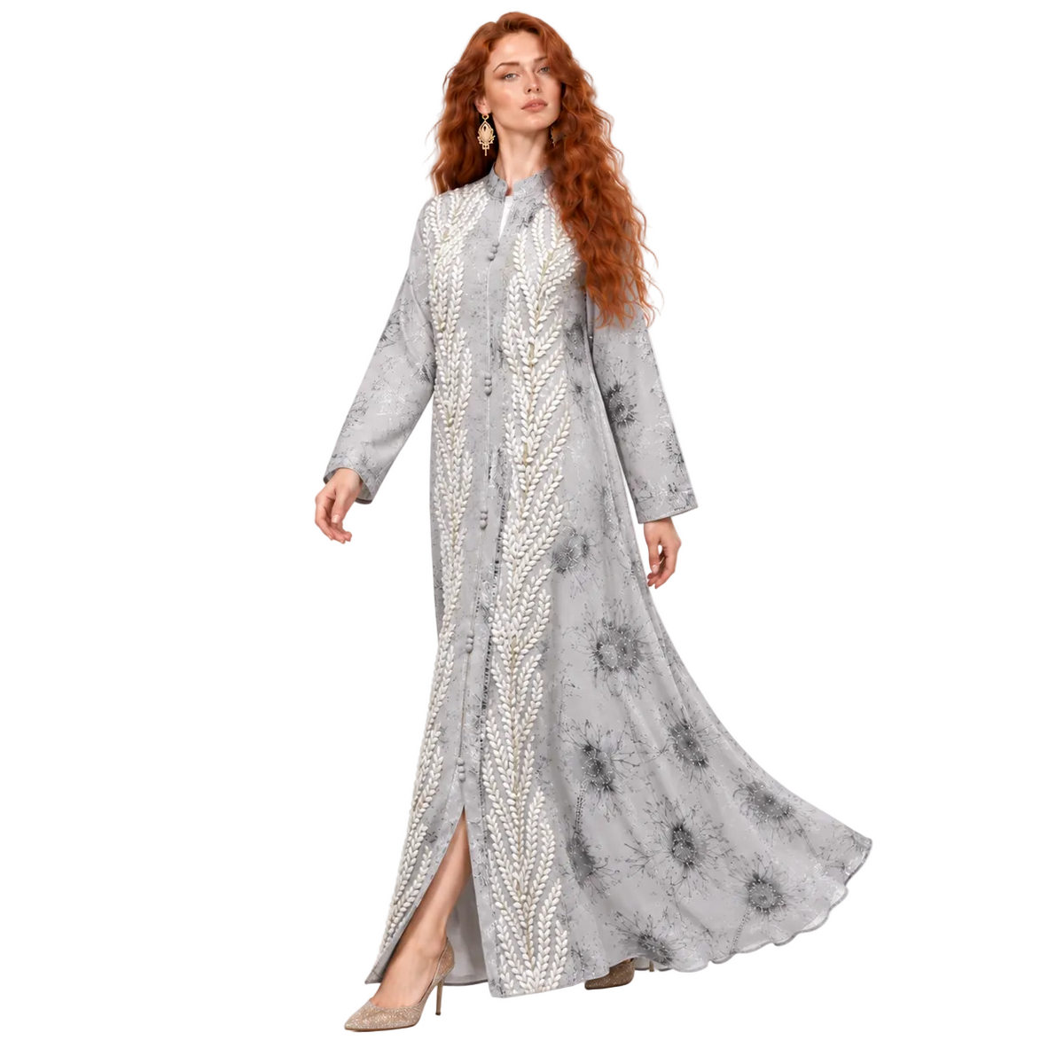 Silver Grey Embroidered Elegant Lebaran Kaftan-3
