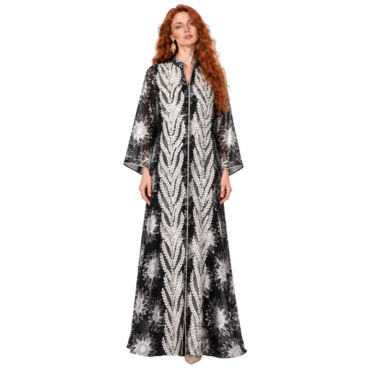 Black White Floral Satin Lebaran Kaftan-1