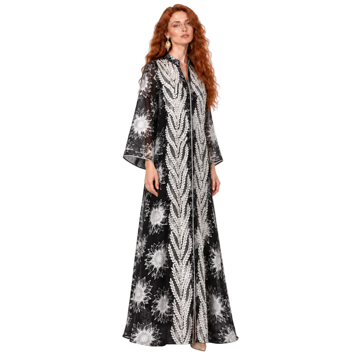 Black White Floral Satin Lebaran Kaftan
