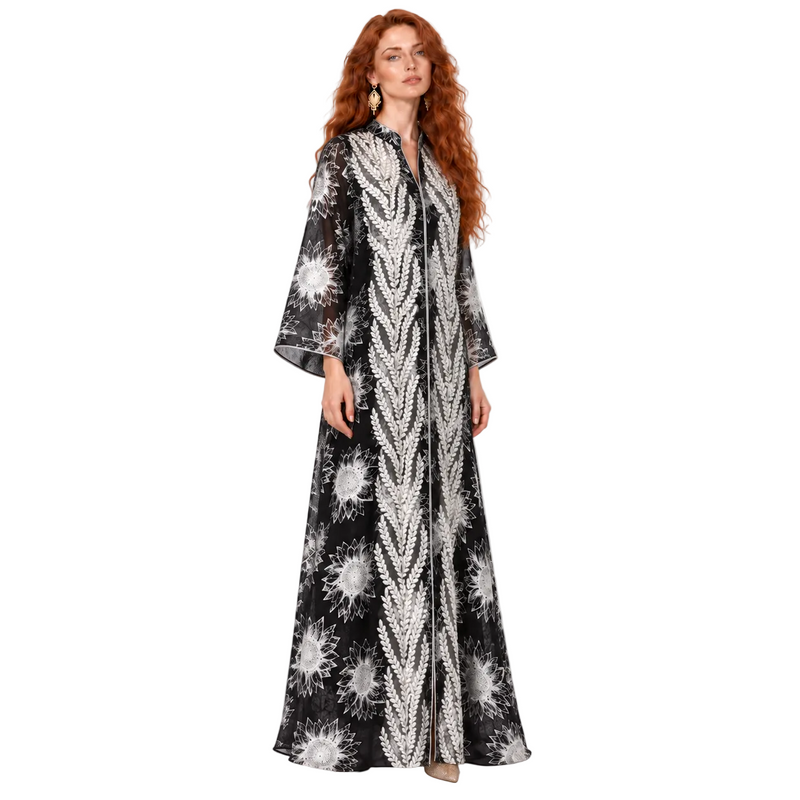 Black White Floral Satin Lebaran Kaftan-2