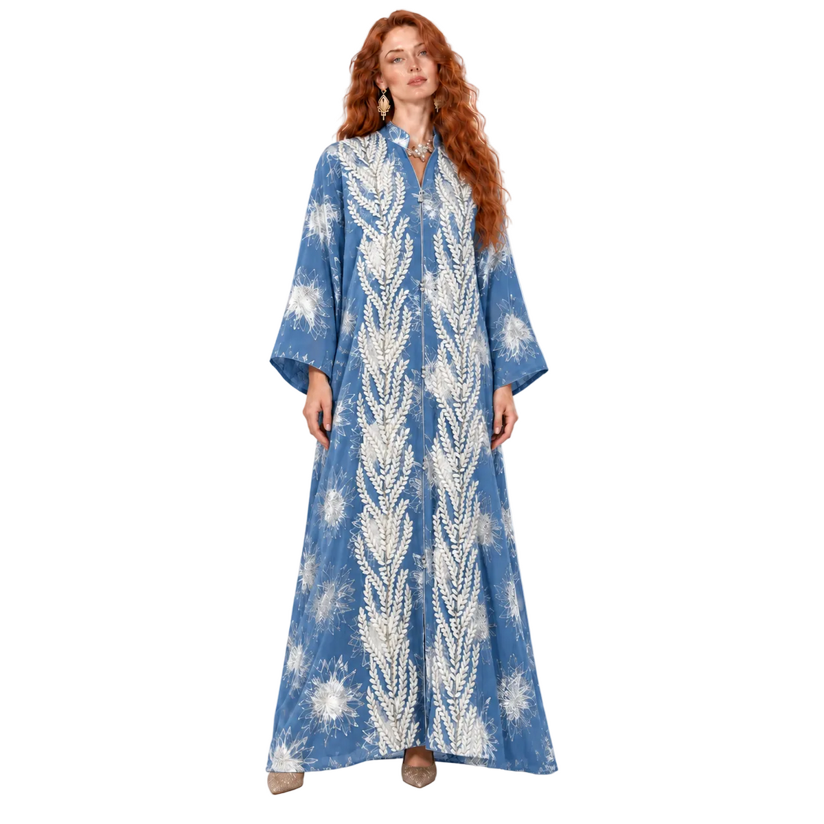 Blue Embroidered Floral Elegant Kaftan Lebaran-1