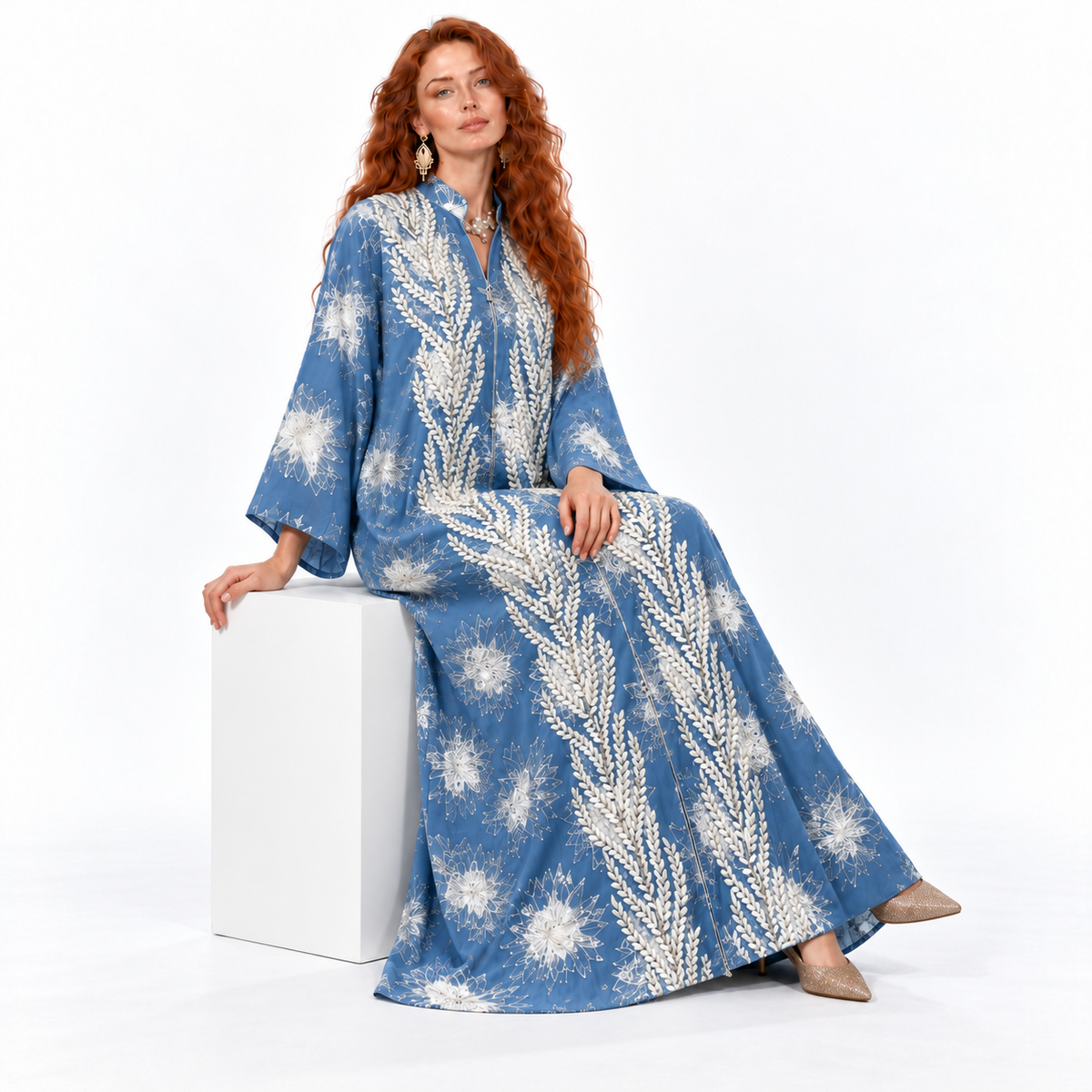 Blue Embroidered Floral Elegant Kaftan Lebaran-3