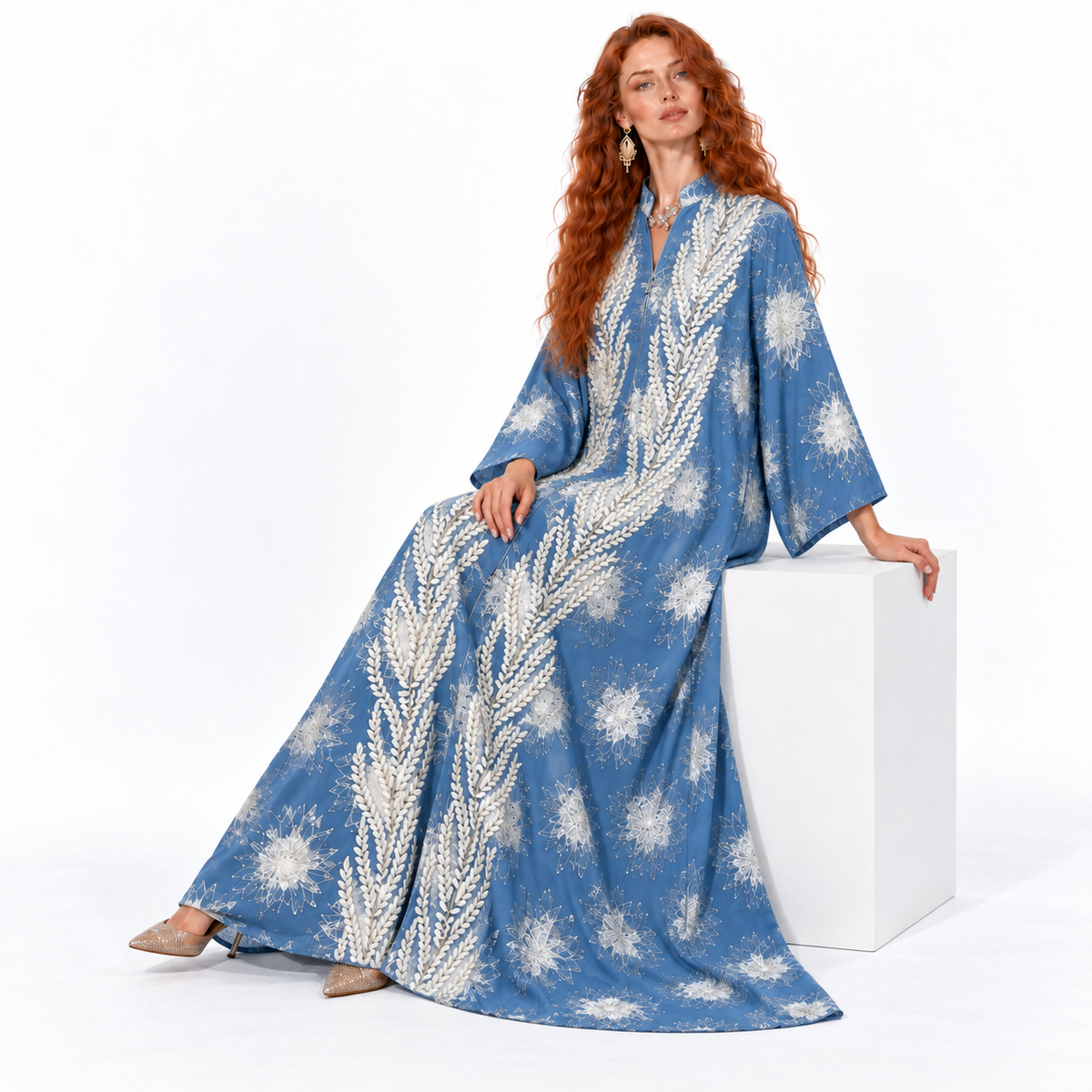 Blue Embroidered Floral Elegant Kaftan Lebaran-2