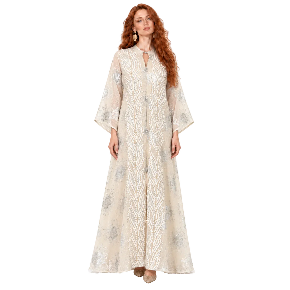 Elegant Apricot Floral Embroidered Kaftan Lebaran