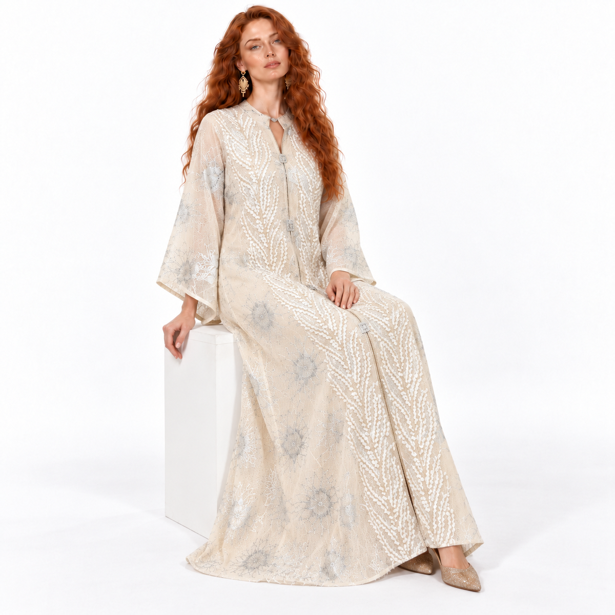 Elegant Apricot Floral Embroidered Kaftan Lebaran-3