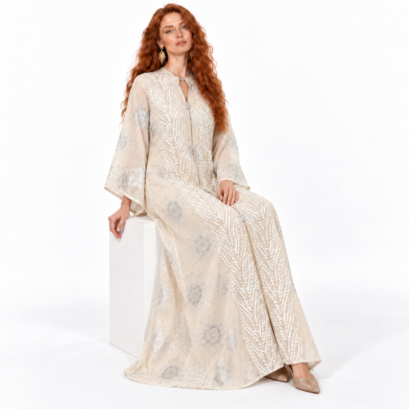 Elegant Apricot Floral Embroidered Kaftan Lebaran-3