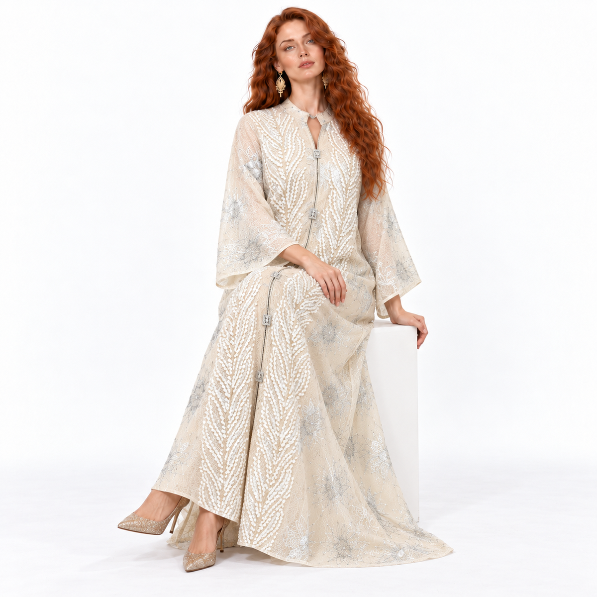 Elegant Apricot Floral Embroidered Kaftan Lebaran-2