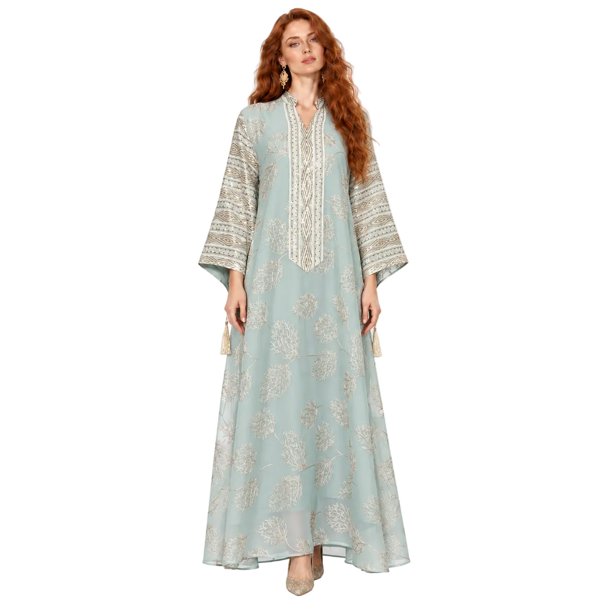 Elegant Green Gold Embroidered Kaftan Lebaran-1