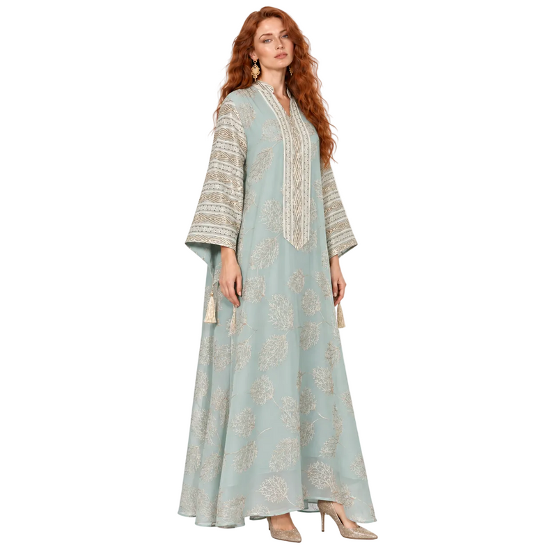 Elegant Green Gold Embroidered Kaftan Lebaran-2