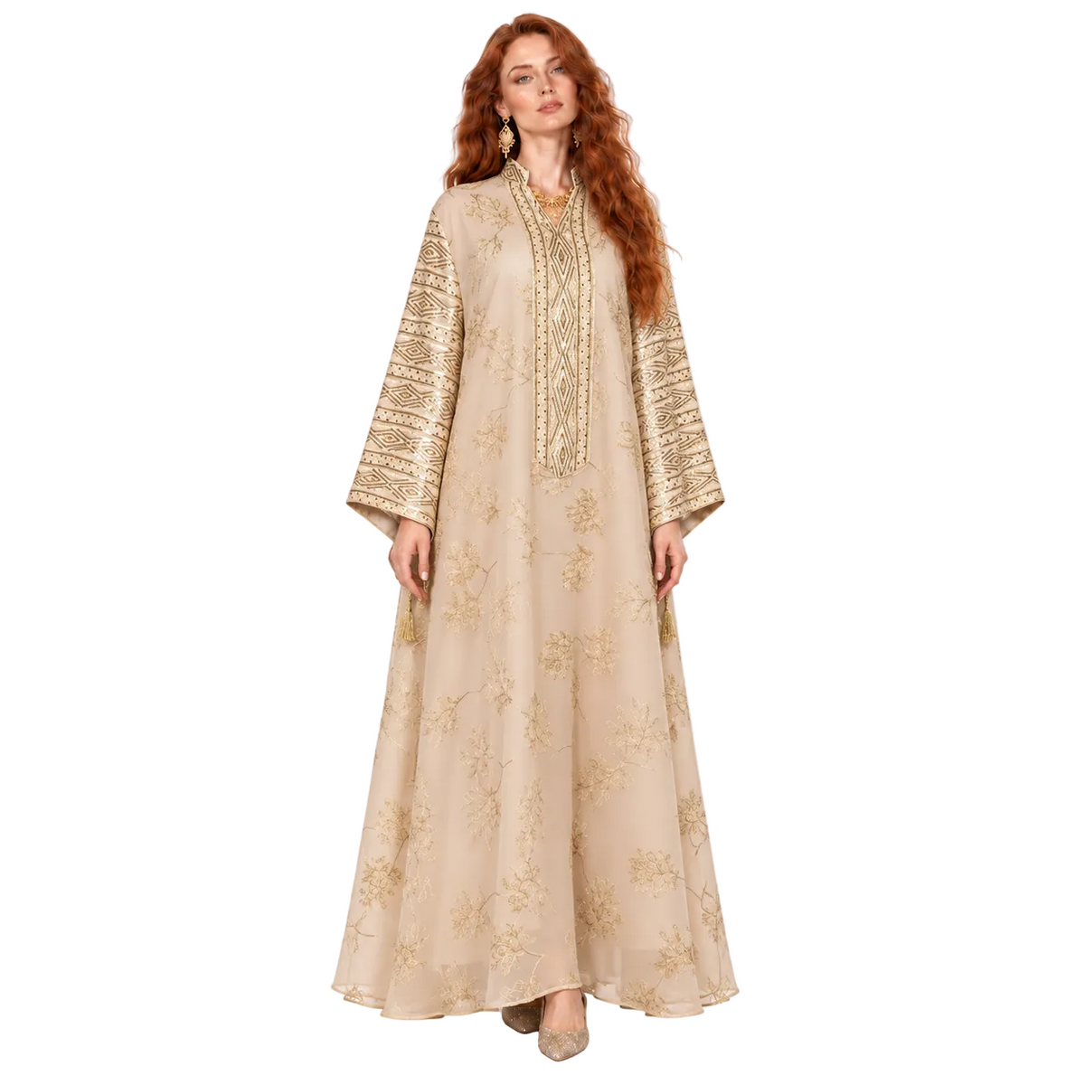 Elegant Apricot Gold Embroidered Lebaran Kaftan