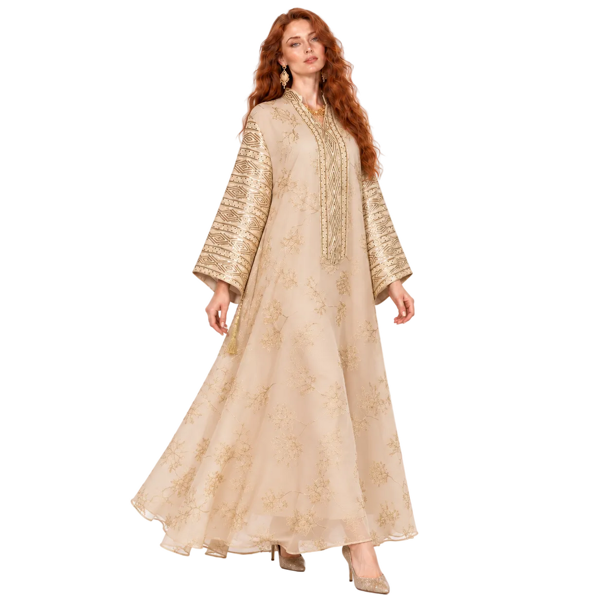Elegant Apricot Gold Embroidered Lebaran Kaftan-2