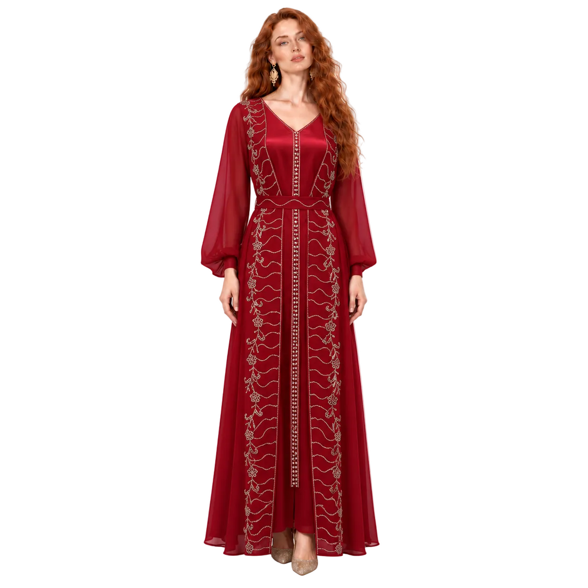 Elegant Burgundy Gold Embroidered Kaftan Lebaran-1
