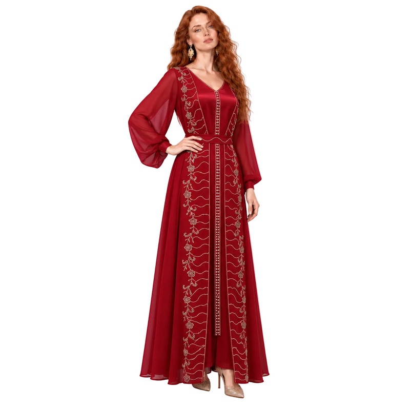 Elegant Burgundy Gold Embroidered Kaftan Lebaran-2