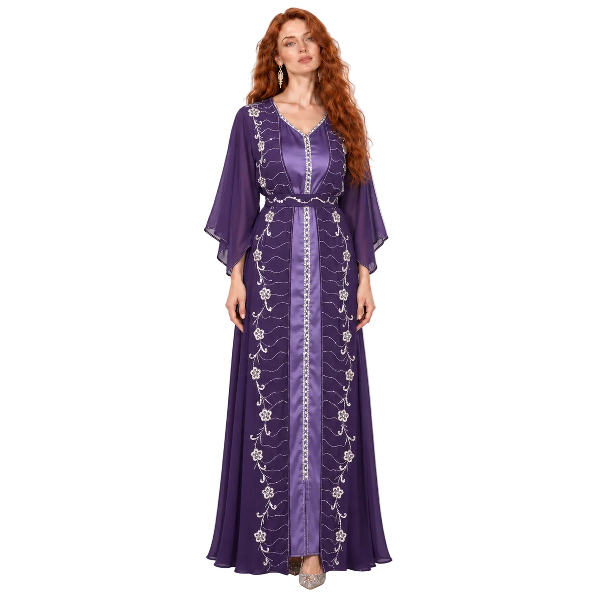 Elegant Purple Floral Embroidered Kaftan Lebaran
