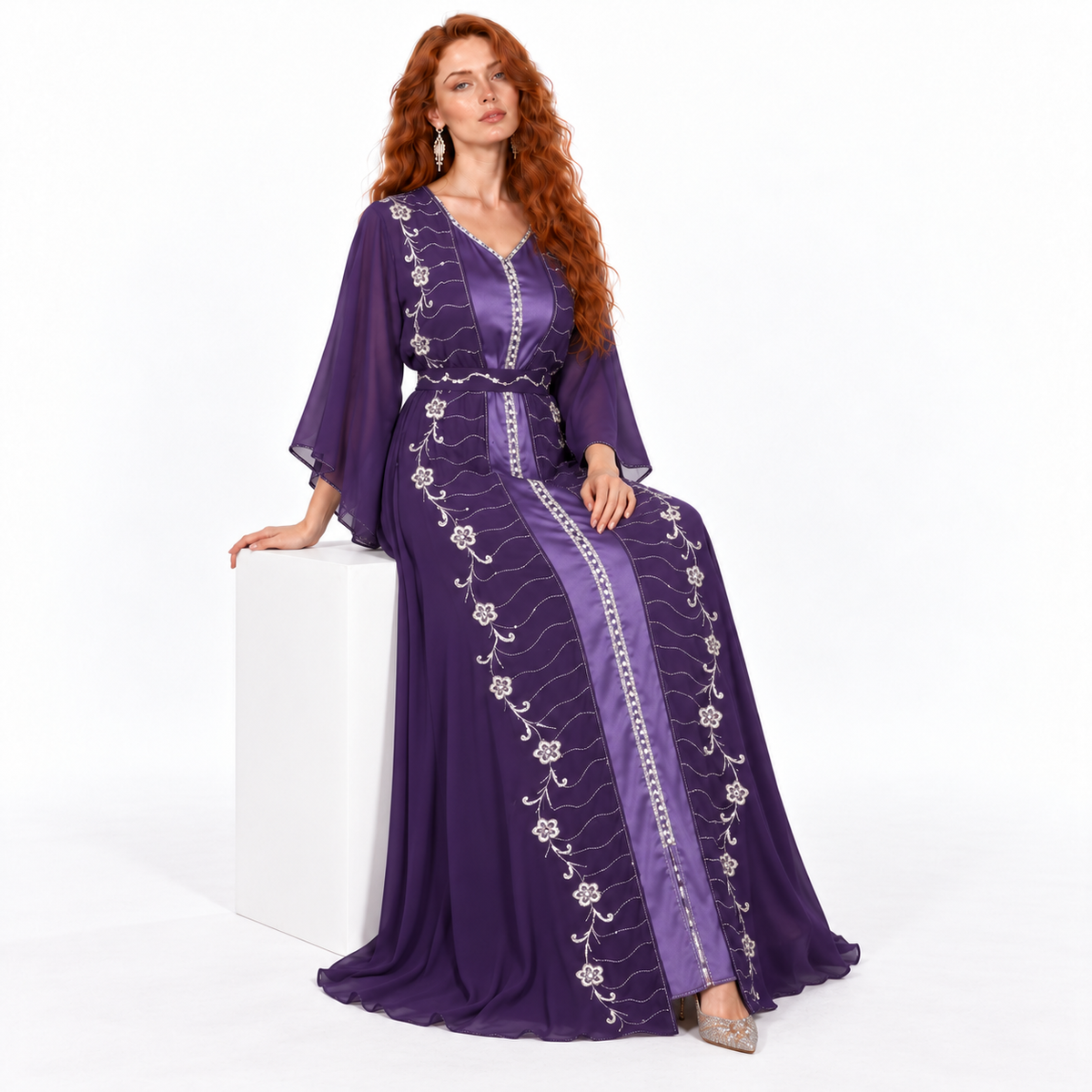 Elegant Purple Floral Embroidered Kaftan Lebaran-2