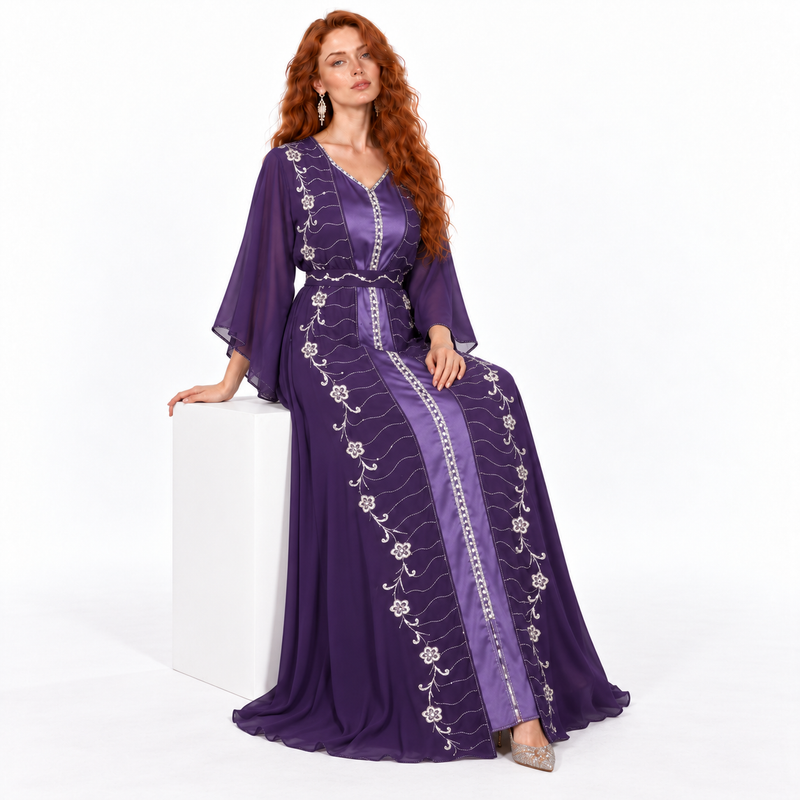 Elegant Purple Floral Embroidered Kaftan Lebaran-2