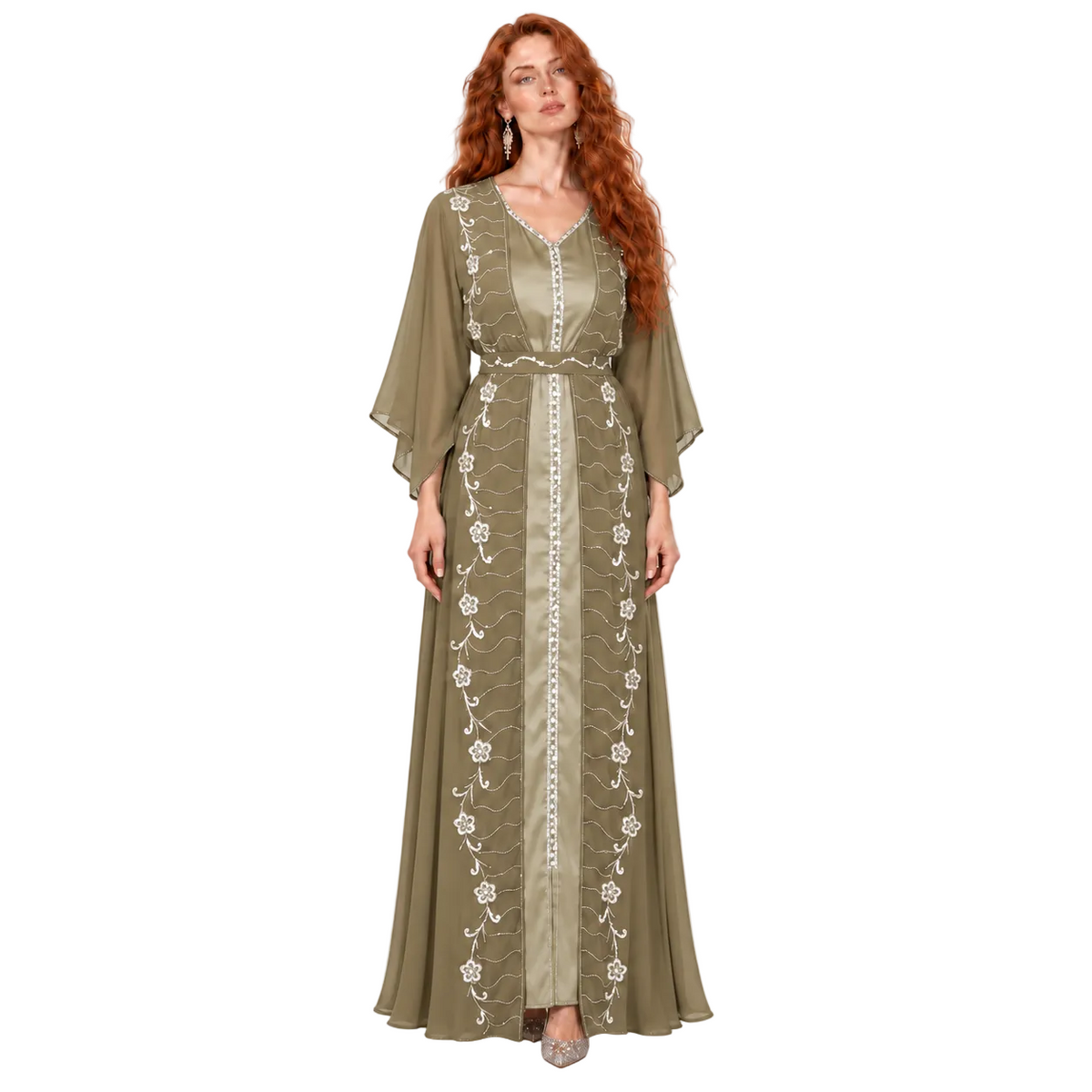 Elegant Khaki Floral Embroidered Kaftan Lebaran-1