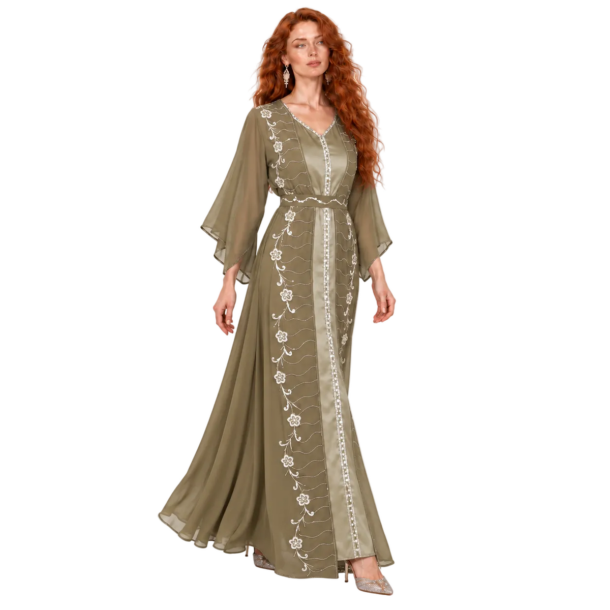 Elegant Khaki Floral Embroidered Kaftan Lebaran
