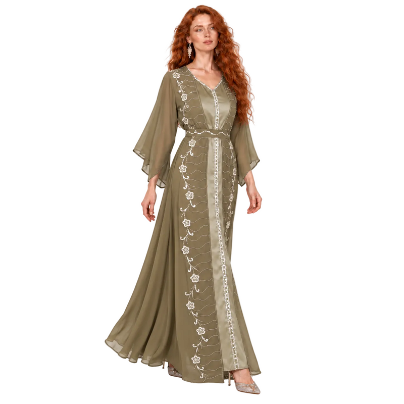 Elegant Khaki Floral Embroidered Kaftan Lebaran-2