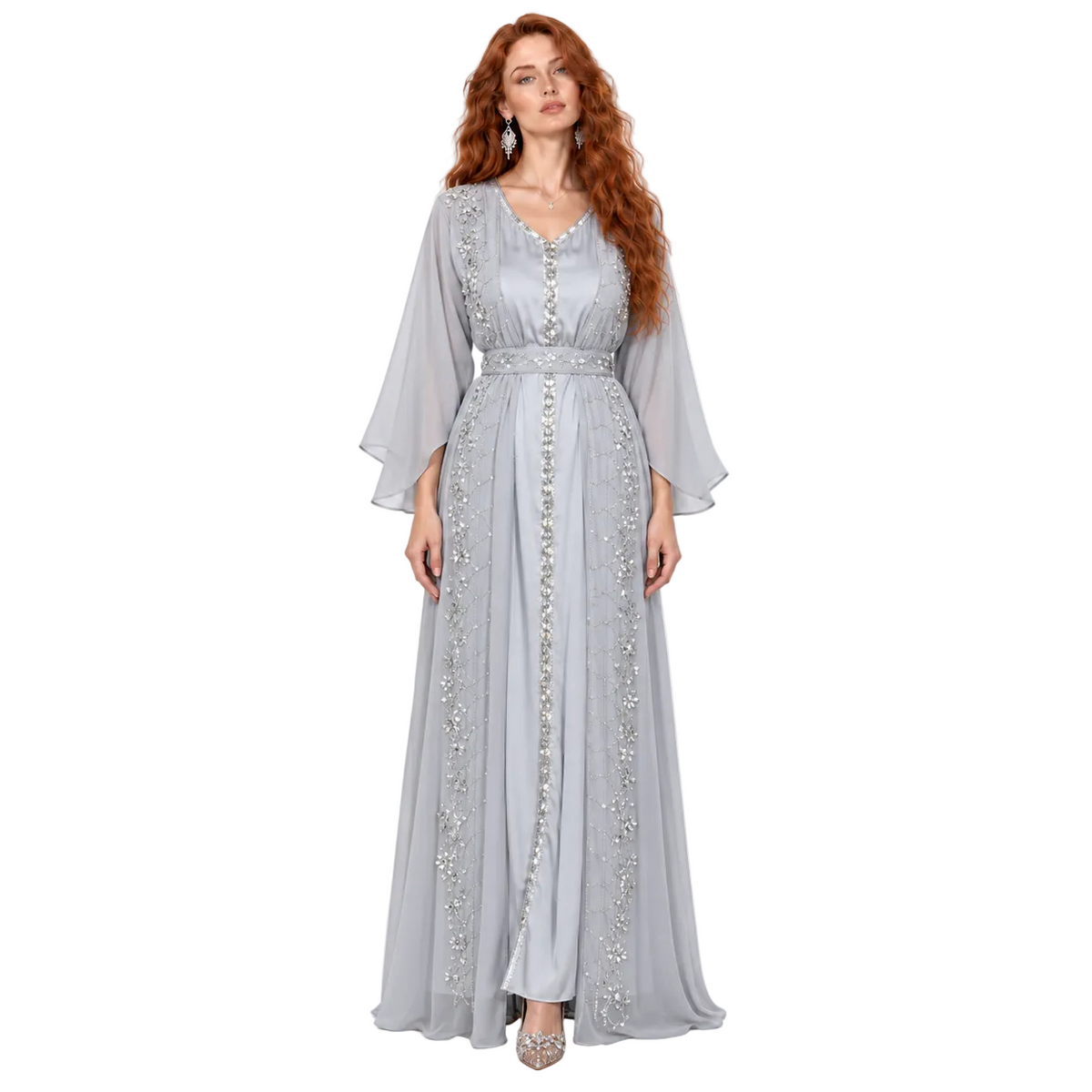 Elegant Silver Grey Embellished Kaftan Lebaran-1