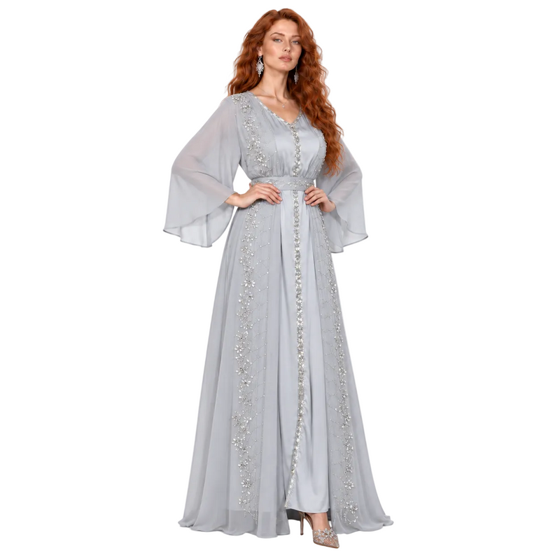 Elegant Silver Grey Embellished Kaftan Lebaran-2