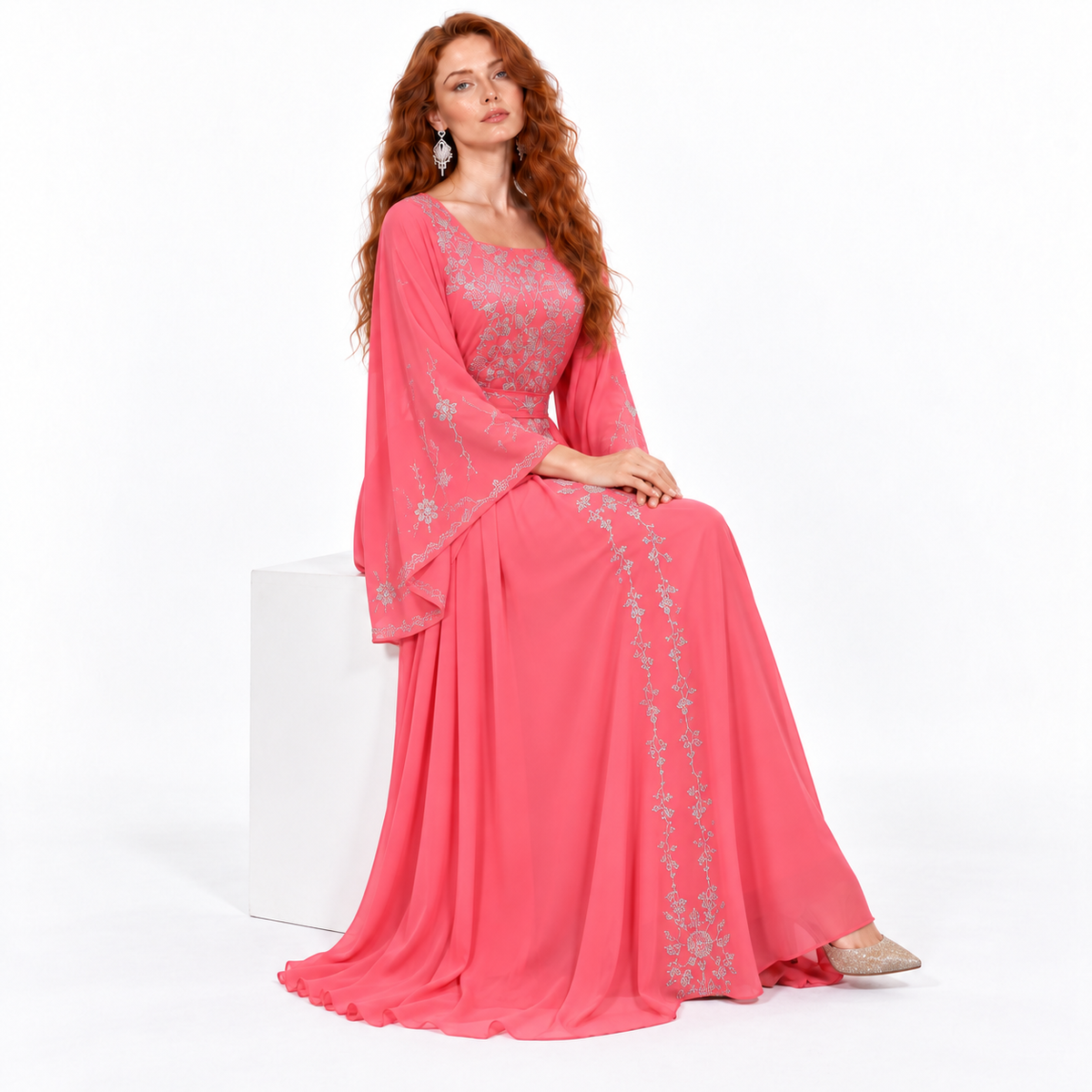 Coral Pink Silver Embroidered Kaftan Lebaran-3