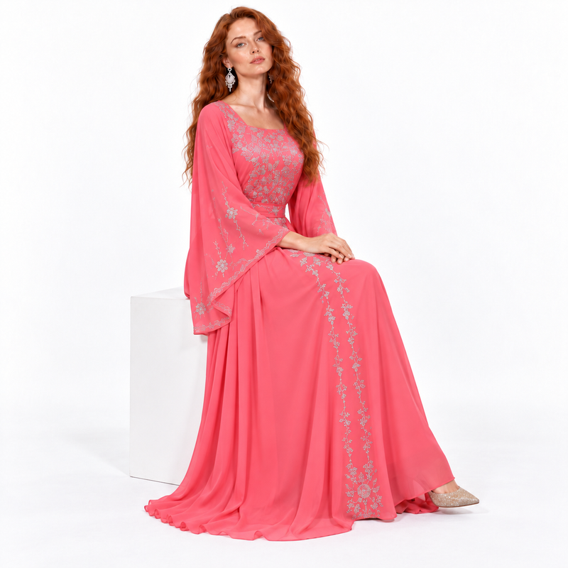 Coral Pink Silver Embroidered Kaftan Lebaran-3