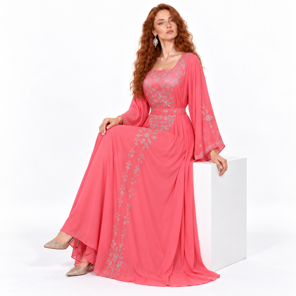 Coral Pink Silver Embroidered Kaftan Lebaran