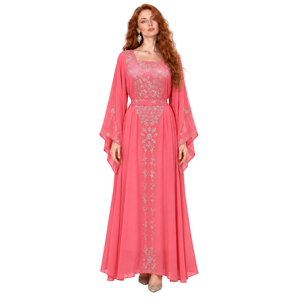 Coral Pink Silver Embroidered Kaftan Lebaran-1