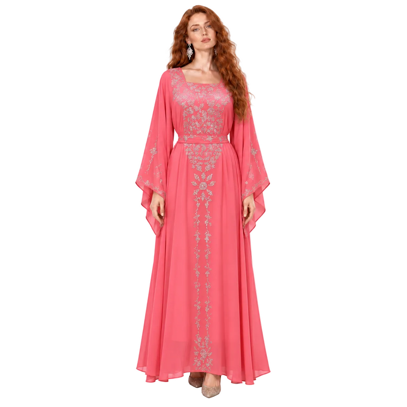 Coral Pink Silver Embroidered Kaftan Lebaran-1