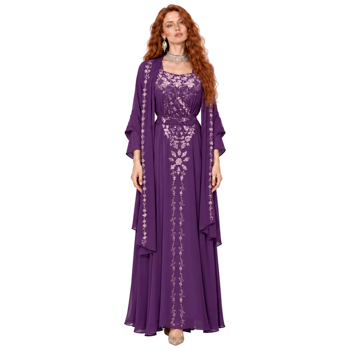 Elegant Purple Floral Embroidered Kaftan Lebaran