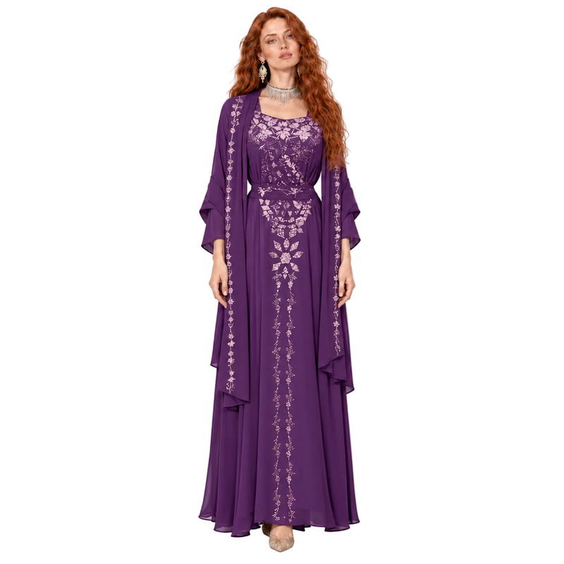 Elegant Purple Floral Embroidered Kaftan Lebaran-1