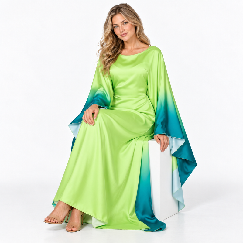 Grass Green Ombre Silk Satin Kaftan-2