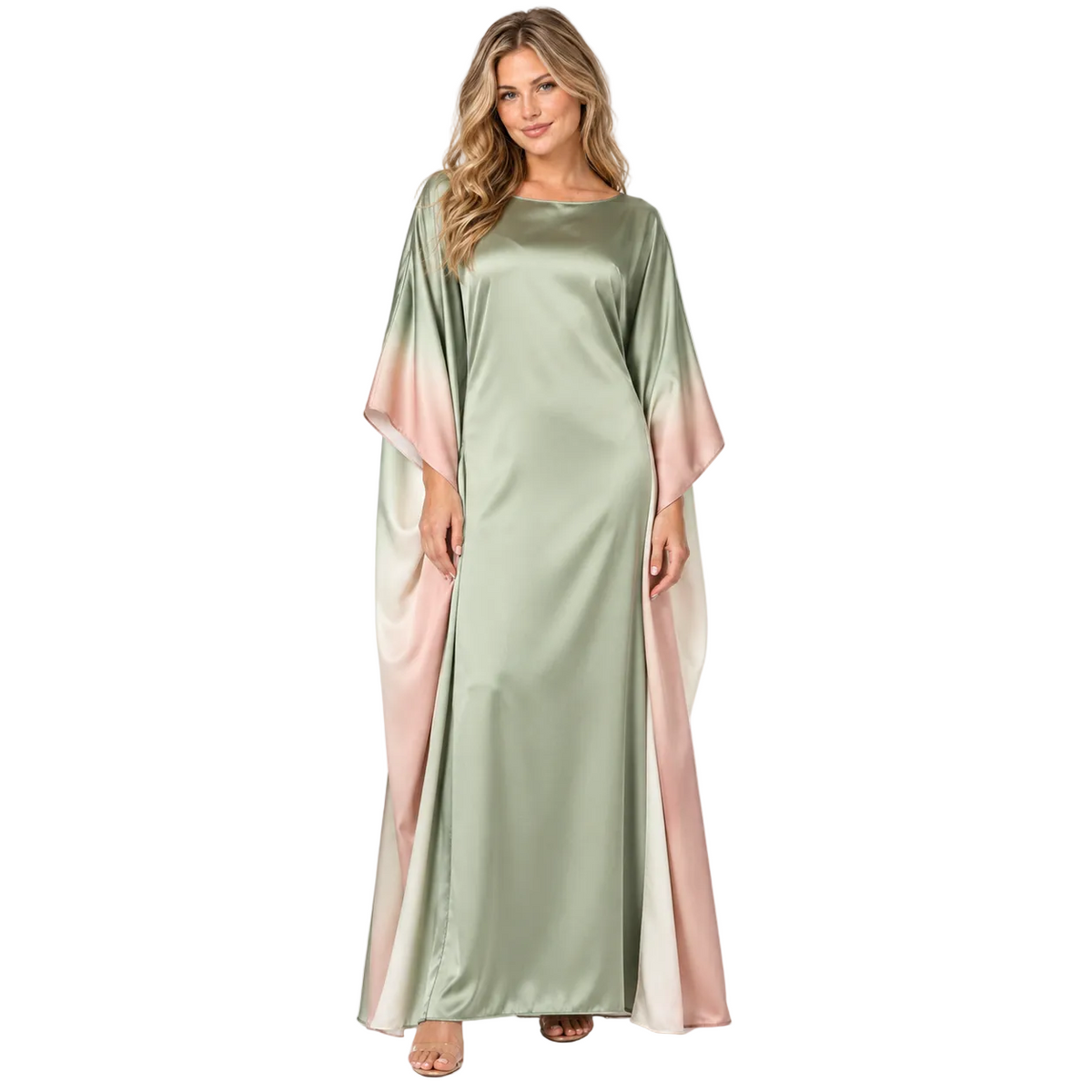 Army Green Ombre Silk Satin Kaftan-1