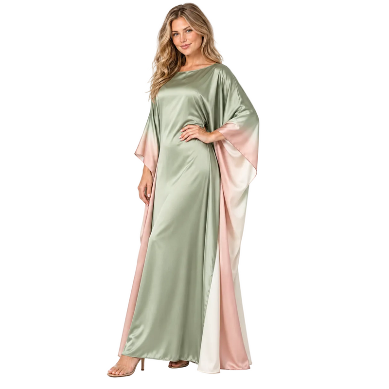 Army Green Ombre Silk Satin Kaftan-2