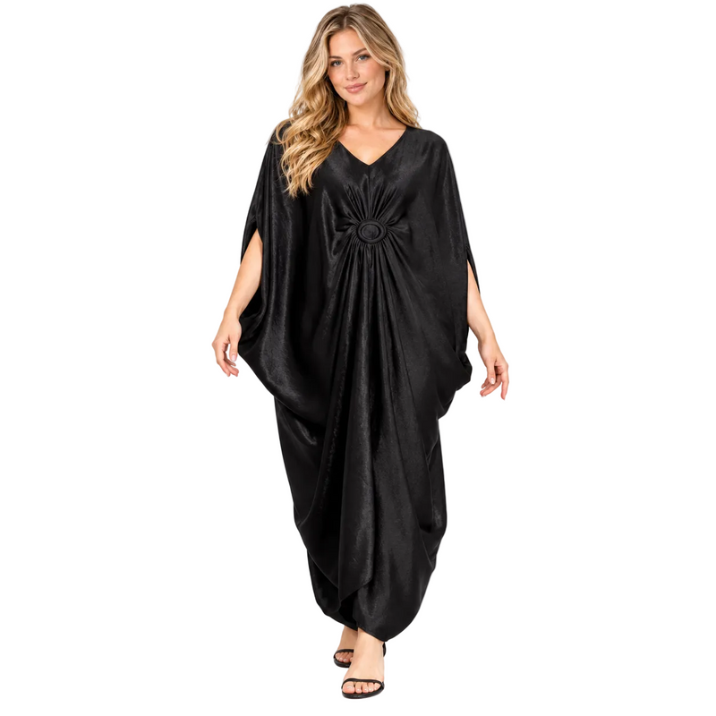 Elegant Black Draped Silk Satin Kaftan-1